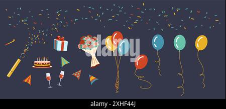 Birthday holiday decor 2D cartoon objects set. Party event. Air balloons cake and confetti flat line vector elements grey background Stock Vector
