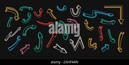 Neon doodle arrow with pseudo 3d vector art on black background. Direction pointers of different colors linear minimalist illustration set Stock Vector