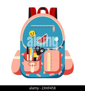 2D student backpack full of stationery on white background. School topic illustration perfect for classroom-themed designs and educational purposes Stock Vector