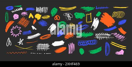 Abstract irregular strokes doodle vector art on black background. Patterns of various scribbles multicolor linear minimalist illustration set Stock Vector