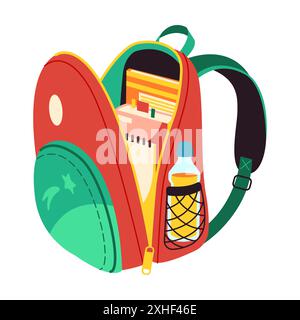 School backpack icon with academic supplies on white background. Iconographic representation of school featuring books perfect for educational graphic Stock Vector