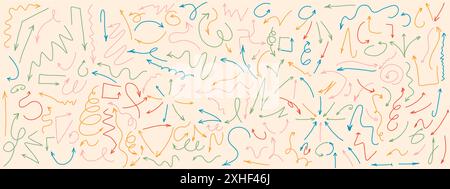 Arrows multicolor doodle 2d line vector icons bundle on light background. Pointers of various shapes color hand drawn illustration set Stock Vector