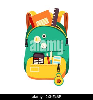 Cartoon schoolbag with copybook and stationery on white background. Illustration features educational supplies ideal for student-themed graphics Stock Vector