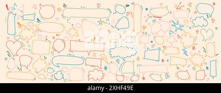 Chat balloons with patterns multicolor doodle line vector icons bundle on light background. Thinking and talking hand drawn illustration set Stock Vector