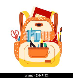 Cartoon school backpack with educational gear on white background. Vector artwork features various writing tools suitable for academic visuals Stock Vector