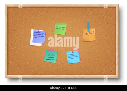 Pin board with meme stickers realistic vector illustration. Office info board. Task reminders screen for employees 3d object on white background Stock Vector