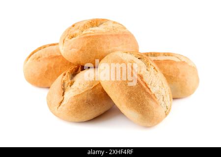 Crispy bread rolls isolated on white background. Fresh crispy bread rolls. Five bread rolls. Stock Photo