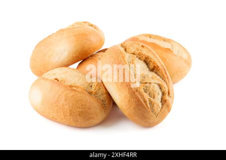 Crispy bread rolls isolated on white background. Fresh crispy bread rolls. Five bread rolls on white. Stock Photo