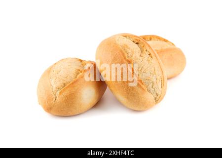 Crispy bread rolls isolated on white background. Fresh crispy bread rolls. Three bread rolls on white. Stock Photo