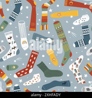 Seamless pattern with snowflakes and different doodle hand drawn socks on grey. Funny clothing background.. Stock Vector