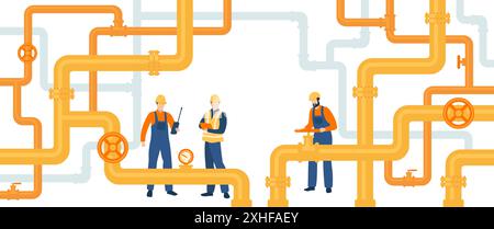 Oil gas workers. Petroleum pipeline engineers. Pipelines and pumps.  Energy resources. Fuel products industry. Petrol production workers Stock Vector