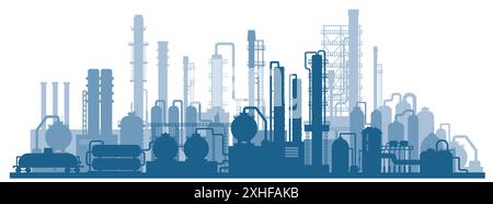 Industrial factories silhouette background. Oil refinery complex with pipes and tanks gas production. Stock Vector