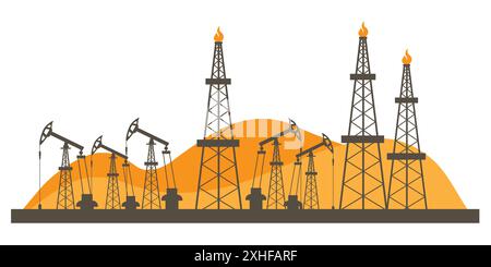 Oil fields, pumps and gas rigs. Gas production rigs landscape Stock Vector