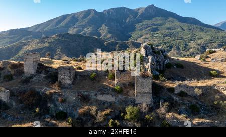 aerial view of the ruins of the castle of Turon in the municipality of Malaga, Andalusia. Stock Photo