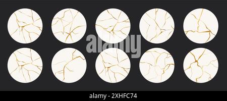 Highlight cover circle Kintsugi gold simple break lines, asian geaometric crackle. Social media frame surface with crack print, effect. Moderm cover golden broken texture. Vector illustration Stock Vector