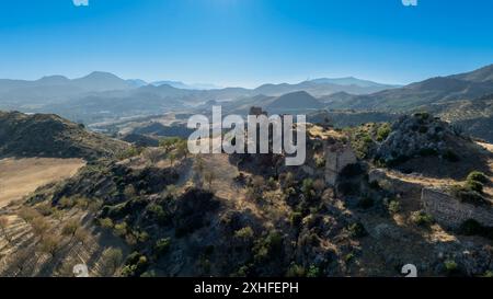 aerial view of the ruins of the castle of Turon in the municipality of Malaga, Andalusia. Stock Photo