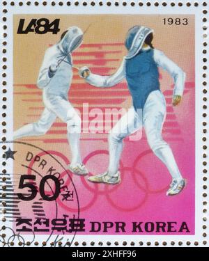 Cancelled postage stamp printed by North Korea, that shows Fencing, Summer Olympics 1984, Los Angeles, circa 1983. Stock Photo