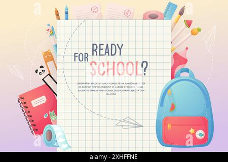 Back to school. Banner, poster with stationery and sheet. Cartoon, for school or kindergarten. Vector Stock Vector