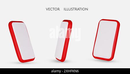 Set of red different angles of smartphone in 3d render with screen, isolated white background, vector illustration Stock Vector