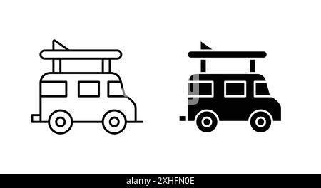 Campervan icon Black line art vector in black and white outline set collection sign Stock Vector