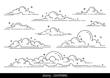 Set of clouds in line art style. collection of outline cloud illustrations Stock Vector