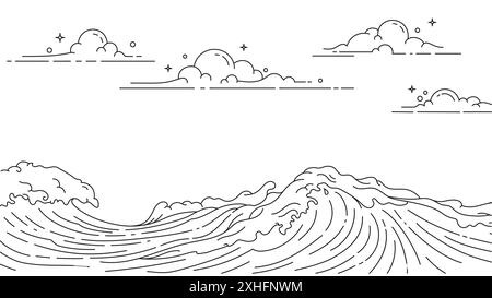 Line art illustration of a sky filled with clouds and waves in the ocean. The waves are high and the water is choppy Stock Vector