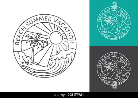 Tropical beach vacation line art logo with palm trees and waves Stock Vector