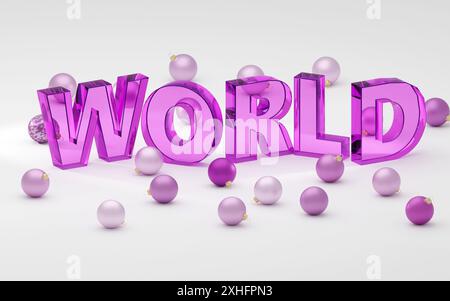 Luxury purple glass inscription world on grey podium, soft light, front view smooth background, 3d rendering Stock Photo