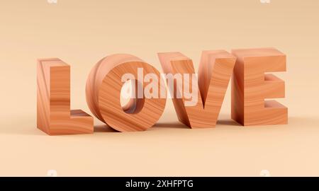 Luxury wooden inscription love on beige podium, soft light, front view smooth background, 3d rendering Stock Photo