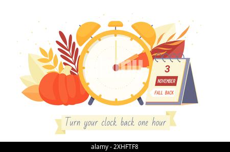 Daylight saving time ends, reminder banner design. Alarm clock and autumn season harvest, 3 November 2024 deadline date on calendar, Turn your clock back one hour text cartoon vector illustration Stock Vector