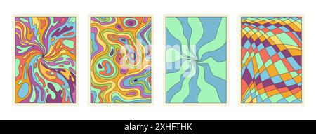 Groovy cartoon psychedelic patterns set. Radial surreal rays and funky colorful checkerboard texture, crazy wavy blobs and swirls in boho backgrounds collection of 70s 80s style vector illustration Stock Vector