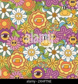 Groovy psychedelic summer flowers pattern. Funny retro seamless floral texture with cartoon butterfly and bee, crazy daisy with many eyes, hippie background of 70s 80s style vector illustration Stock Vector