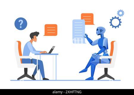 A human engaging in a dialogue with a chatbot, both seated and exchanging information, representing AI interaction, technology, and communication vector illustration. Stock Vector