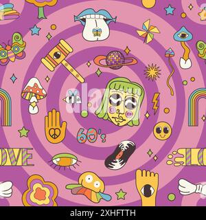 Groovy cartoon psychedelic seamless pattern with hippy emoji and funky stickers. Funny retro texture with trippy vibes elements, Love word. Magic background of 70s 60s style vector illustration Stock Vector