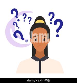 Girl with doubts and anxiety standing with question marks above head vector illustration Stock Vector