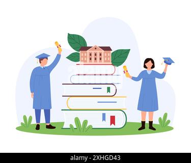 Success graduation of school, university or college, education for skill development and academic knowledge. Tiny graduates in caps celebrate diploma at book stack cartoon vector illustration Stock Vector