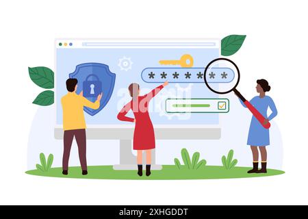 Online security, safe analysis of website protection and access to personal data. Tiny people with magnifying glass and shield check secure account password to protect data cartoon vector illustration Stock Vector