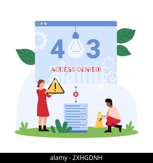 403 error, Access denied server message about network denial to load web page. Tiny people holding exclamation mark triangle and traffic cone, warning of forbidden content cartoon vector illustration Stock Vector