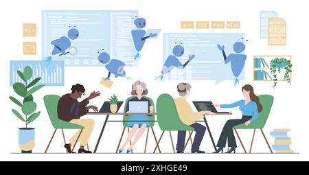Program code development with help of AI, artificial intelligence tools for coding. Tiny programmers work on laptops, develop software or mobile app code, robots assist cartoon vector illustration Stock Vector