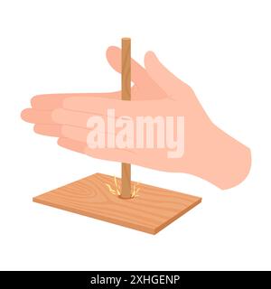 Old traditional method of caveman for lighting fire using friction of wooden stick and board. Human hands carve flames, two palms make rotating movement on wood cartoon vector illustration Stock Vector
