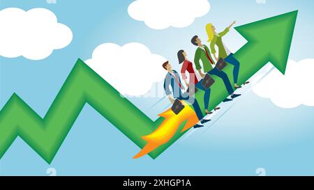 Group of businesspeople flying up on arrow rocket. Dimension 16:9. Vector illustration. Stock Vector