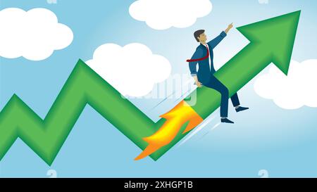 Businessman flying on green arrow rocketship. Dimension 16:9. Vector illustration. Stock Vector