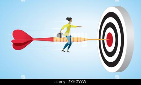 Woman hitting bulls eye with arrow. Dimension 16:9. Vector illustration. Stock Vector