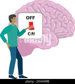 Man turning on brain with electric switch. Vector illustration. Stock Vector