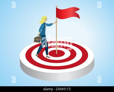 Woman puts down flag in bulls eye. Vector illustration. Stock Vector