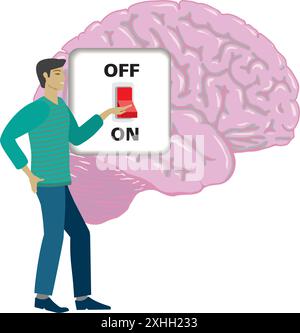 Man turning on brain with switch button. Isolated. Vector illustration, Stock Vector