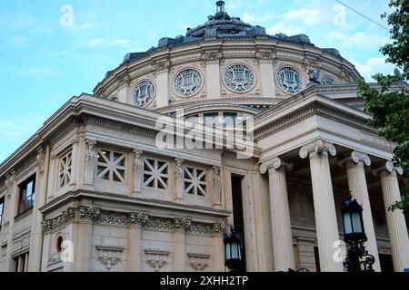 Corner view of Romanian Athenaeum landmark building in Bucharest. It was built at the end of the 19th century and mainly hosts classical music concert Stock Photo