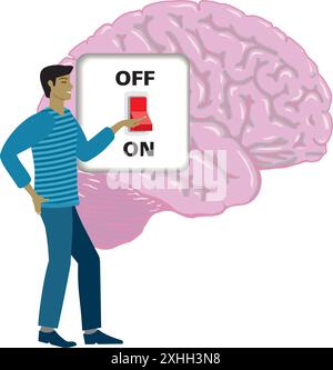 Man turning on brain. Isolated. Vector illustration. Stock Vector