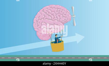 Man flying hot air balloon made of brain with propeller. Determination and goals. Dimension 16:9. Vector illustration. Stock Vector