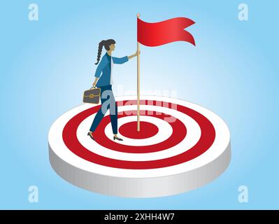Woman put down flag in bulls eye. Vector illustration. Stock Vector